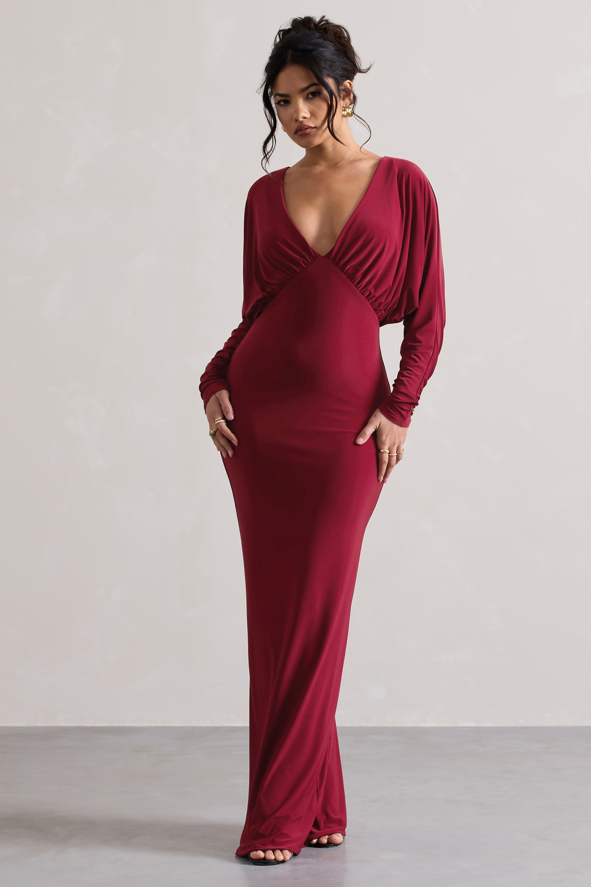 Ruth | Berry Draped Plunge-Neck Maxi Dress