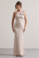 Lady | Champagne Satin One Shoulder Maxi Dress With Bow