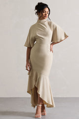 Lavinia | Champagne High-Neck Flutter-Sleeve Asymmetric Maxi Dress