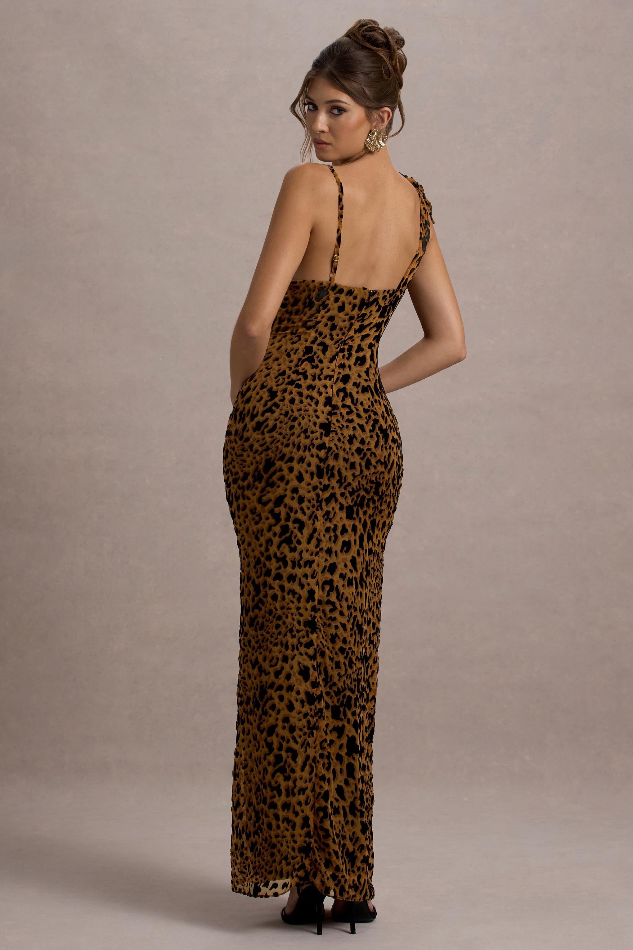 Yasmin | Leopard Print Velvet Strappy Maxi Dress With Bow