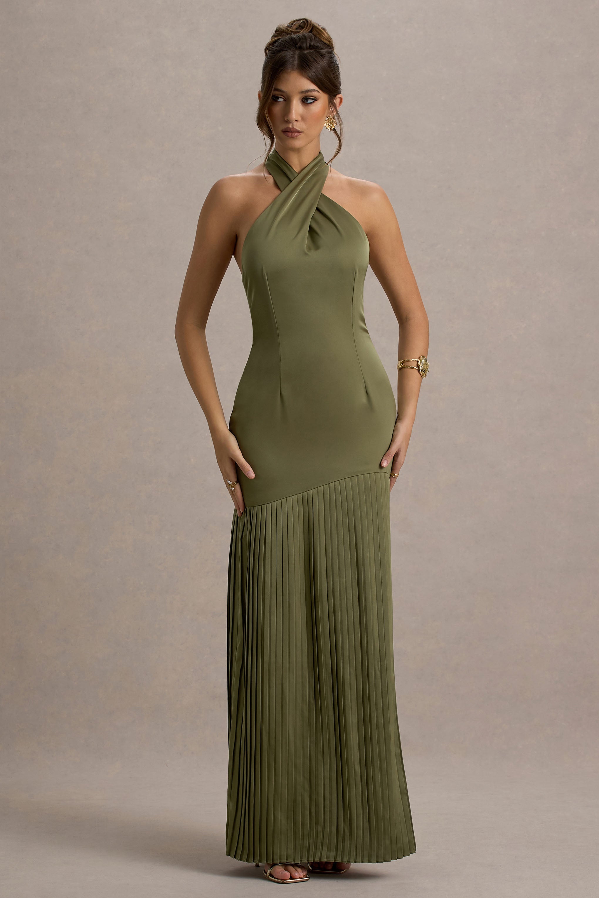Sansa | Khaki Satin Cross Halter-Neck Plisse Maxi Dress
