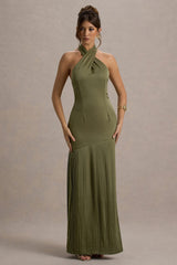 Sansa | Khaki Satin Cross Halter-Neck Plisse Maxi Dress