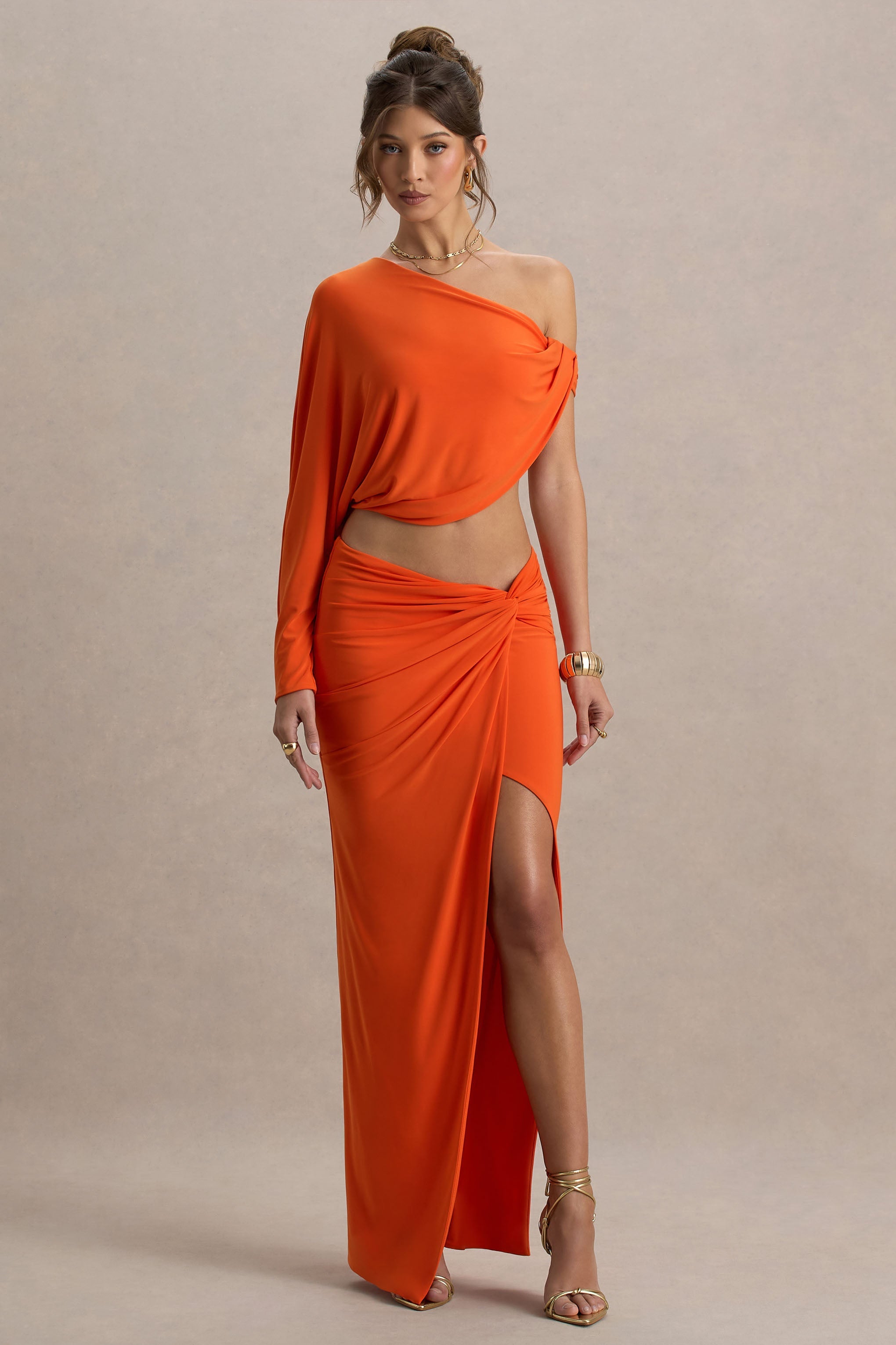 Marlena | Orange Twisted Split Maxi Skirt