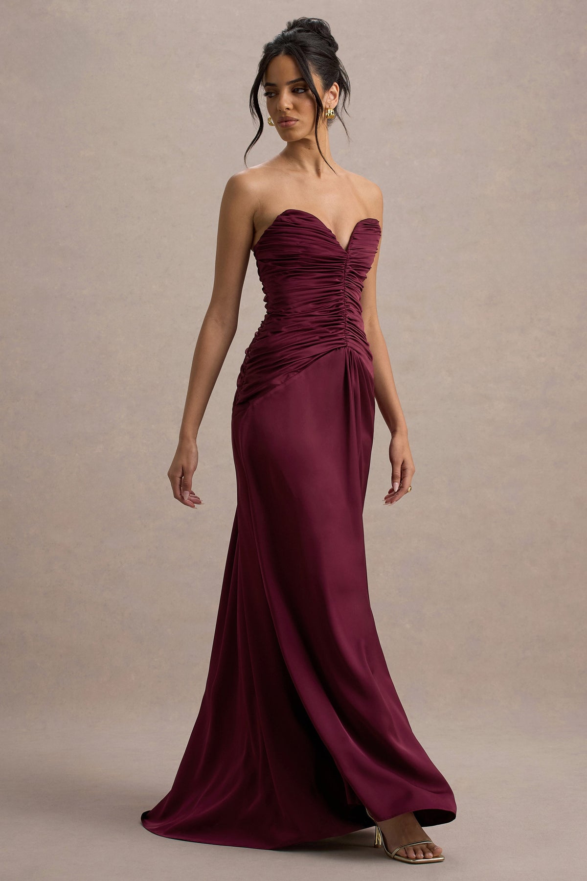 Desirie | Burgundy Satin Sweetheart Gathered Maxi Dress
