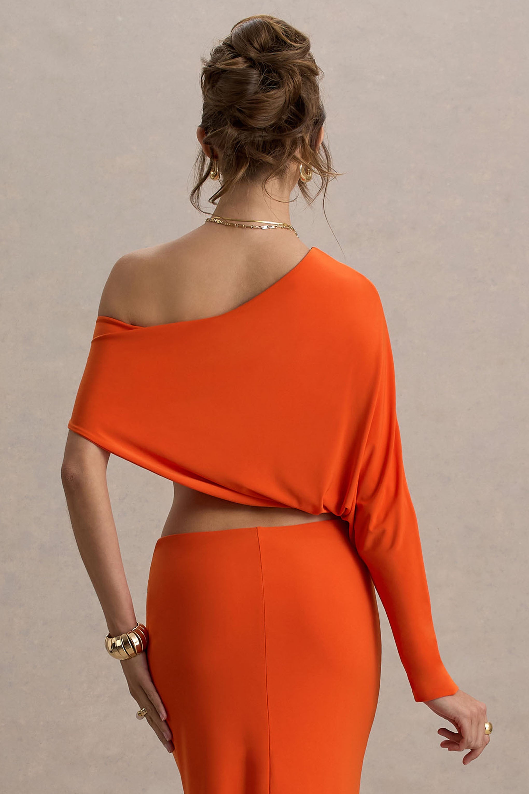 Dua | Orange Asymmetric One-Sleeve Draped Top