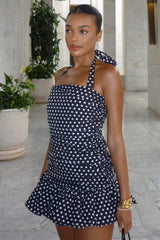 Zahra | Black & White Polka Dot Halter-Neck Ruched Mini Dress With Ruffle Hem