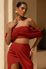 Talika | Terracotta Bardot Crop-Top With Draped Sleeves