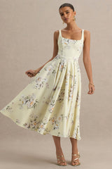 Lissa | Lemon Floral Bouquet Print Square-Neck Midi Dress