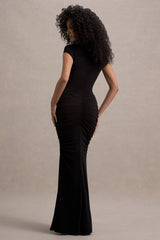 Lorenza | Black High-Neck Ruched Maxi Dress With Draped Skirt