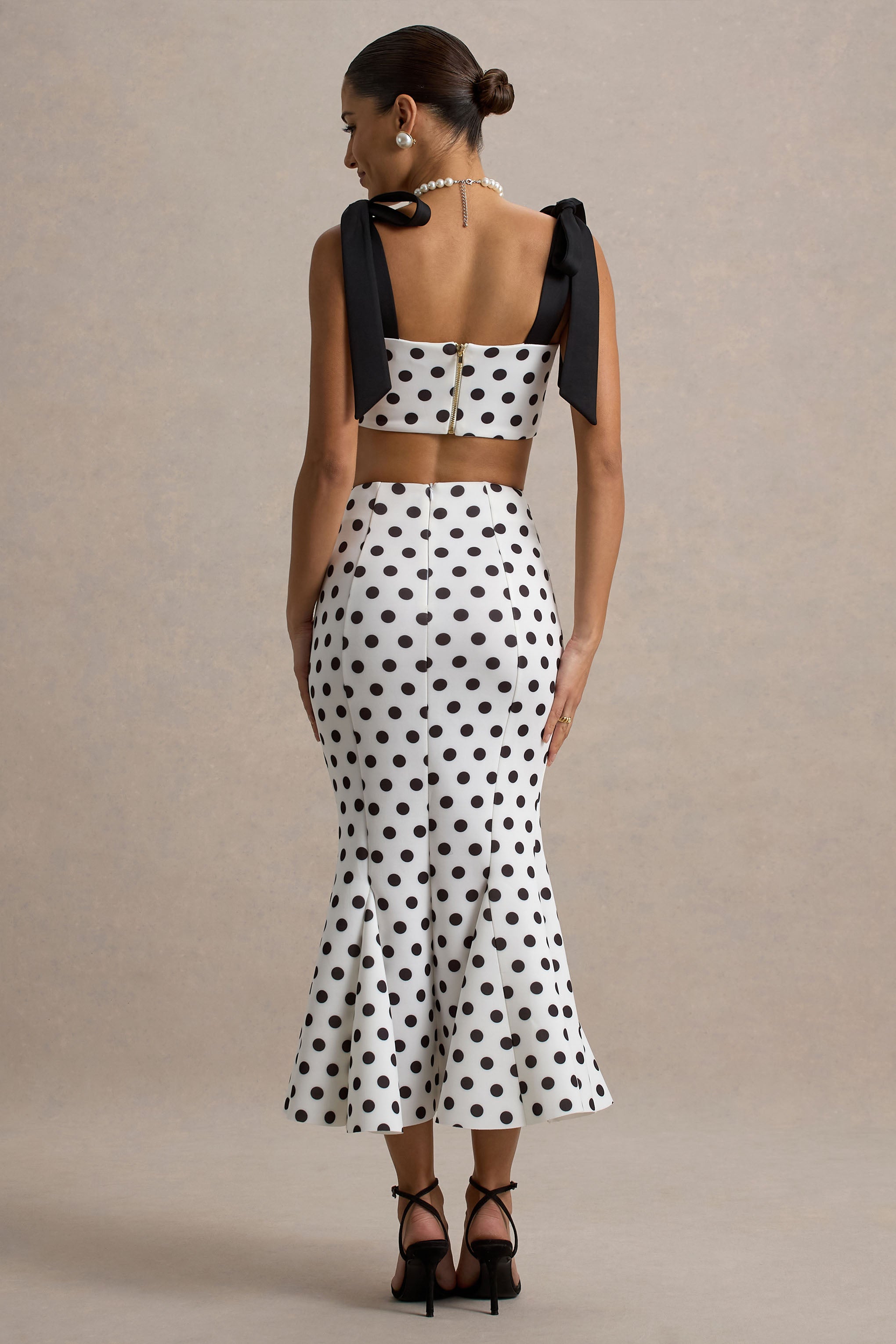 Amadea | Black & White Polka Dot Fishtail Midi Skirt