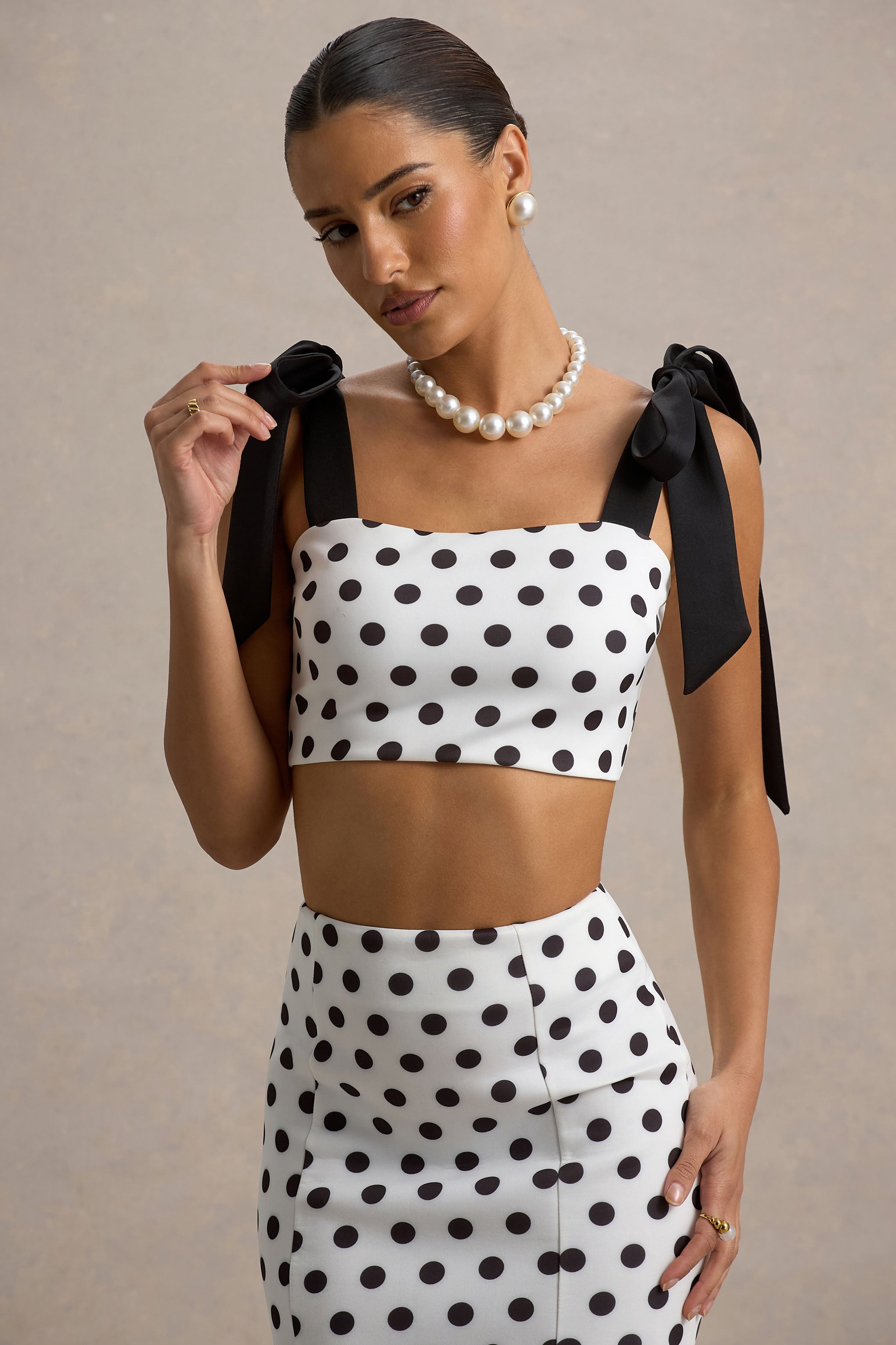 Phoebe | Black & White Polka Dot Crop Top With Tie Straps Tie