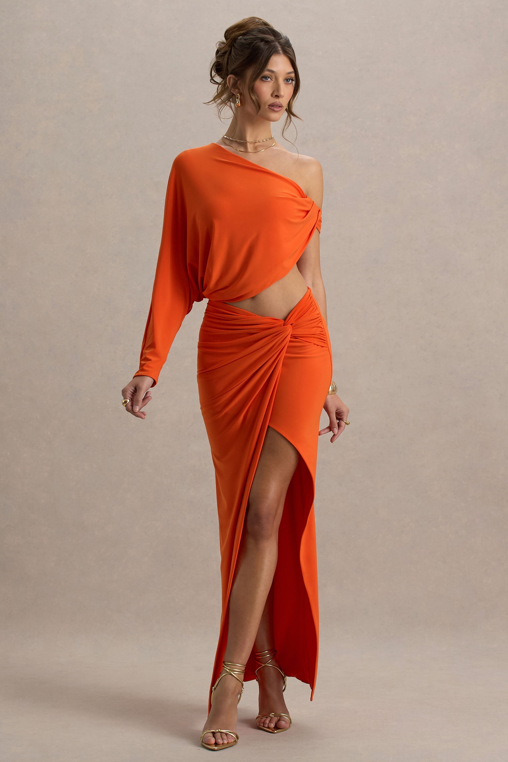 Marlena | Orange Twisted Split Maxi Skirt