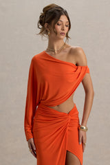 Dua | Orange Asymmetric One-Sleeve Draped Top