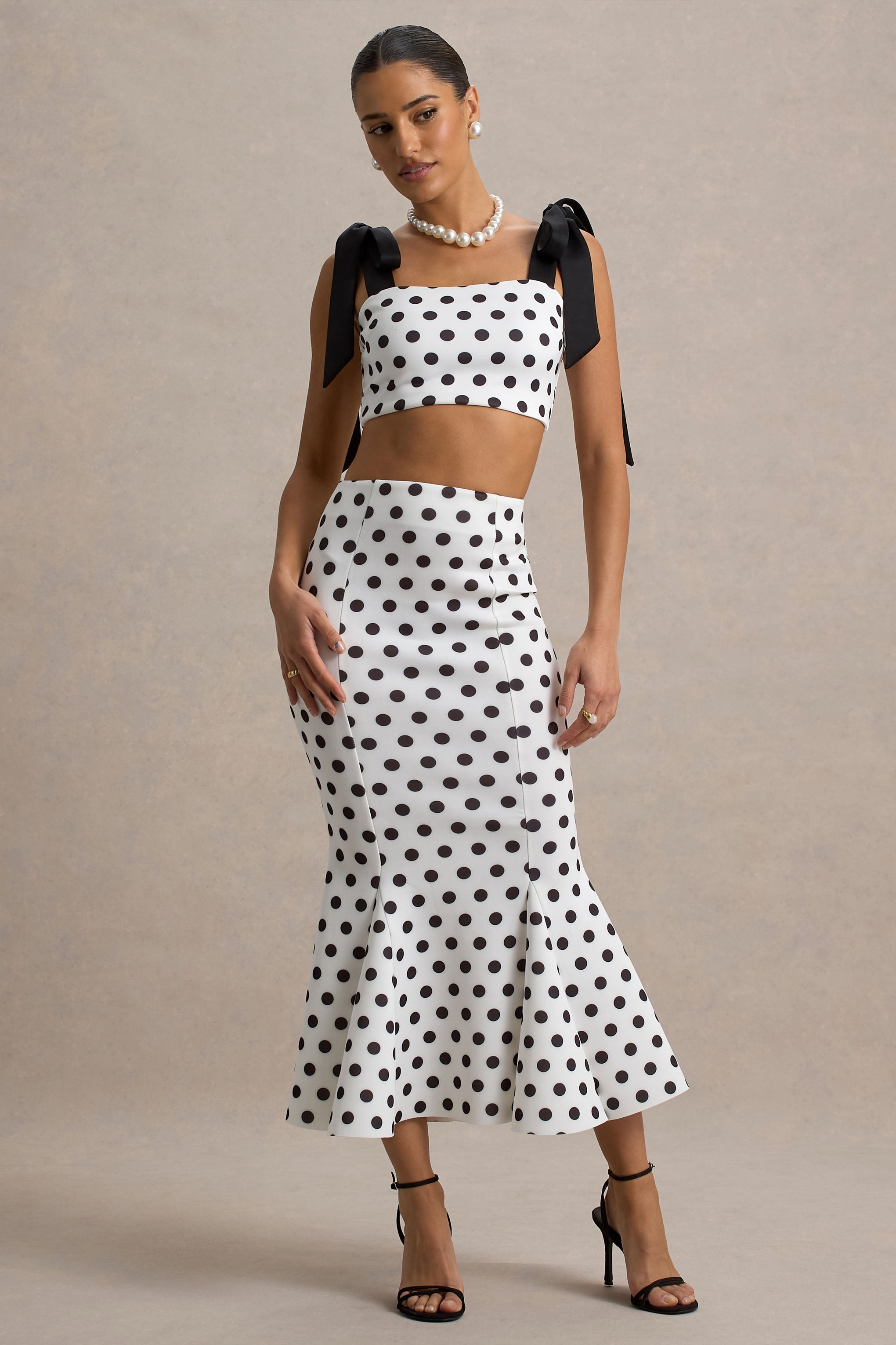 Amadea | Black & White Polka Dot Fishtail Midi Skirt