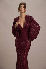 Kaelin | Berry Sequin Plunge-Neck Maxi Dress