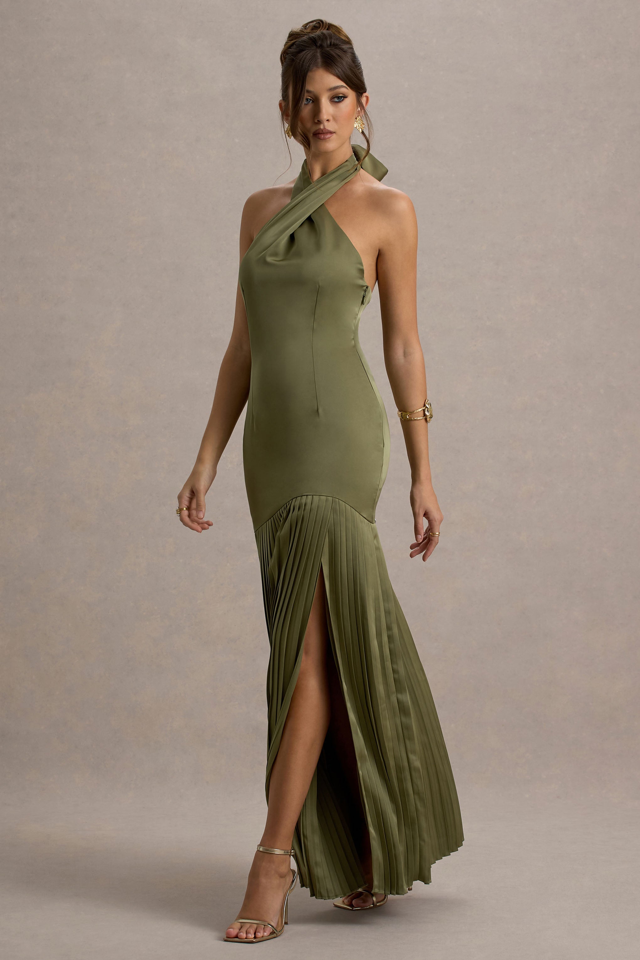 Sansa | Khaki Satin Cross Halter-Neck Plisse Maxi Dress