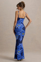 Farah | Blue Floral Print Plunge Neck Maxi Dress With Split Detail