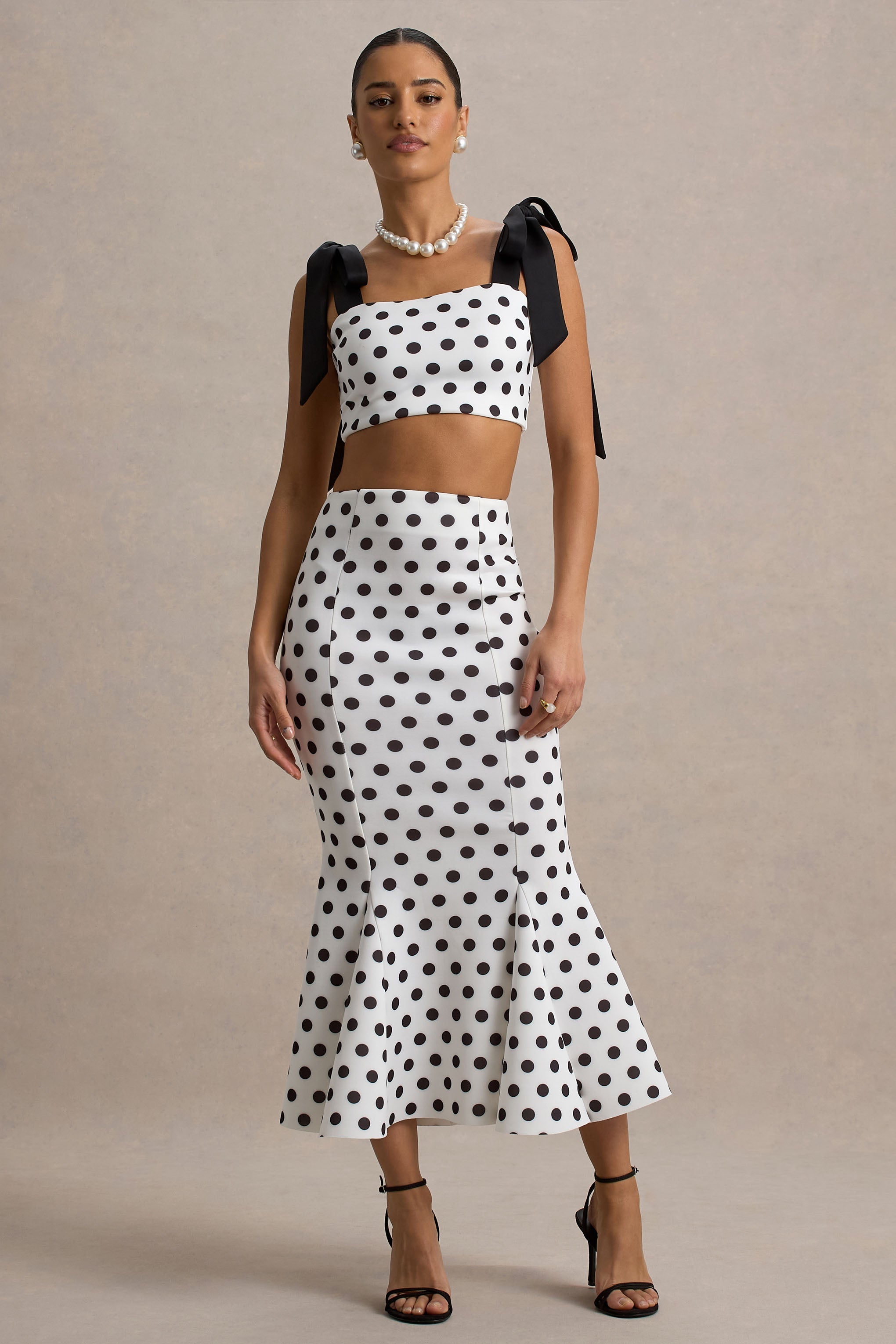 Amadea | Black & White Polka Dot Fishtail Midi Skirt