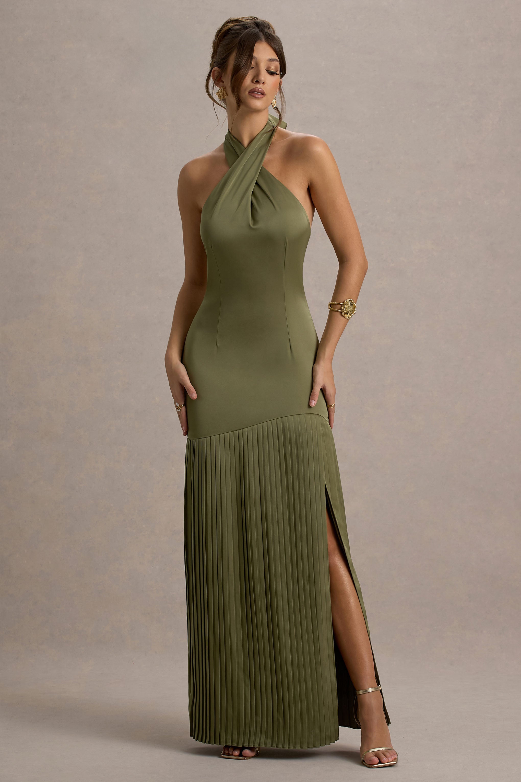 Sansa | Khaki Satin Cross Halter-Neck Plisse Maxi Dress
