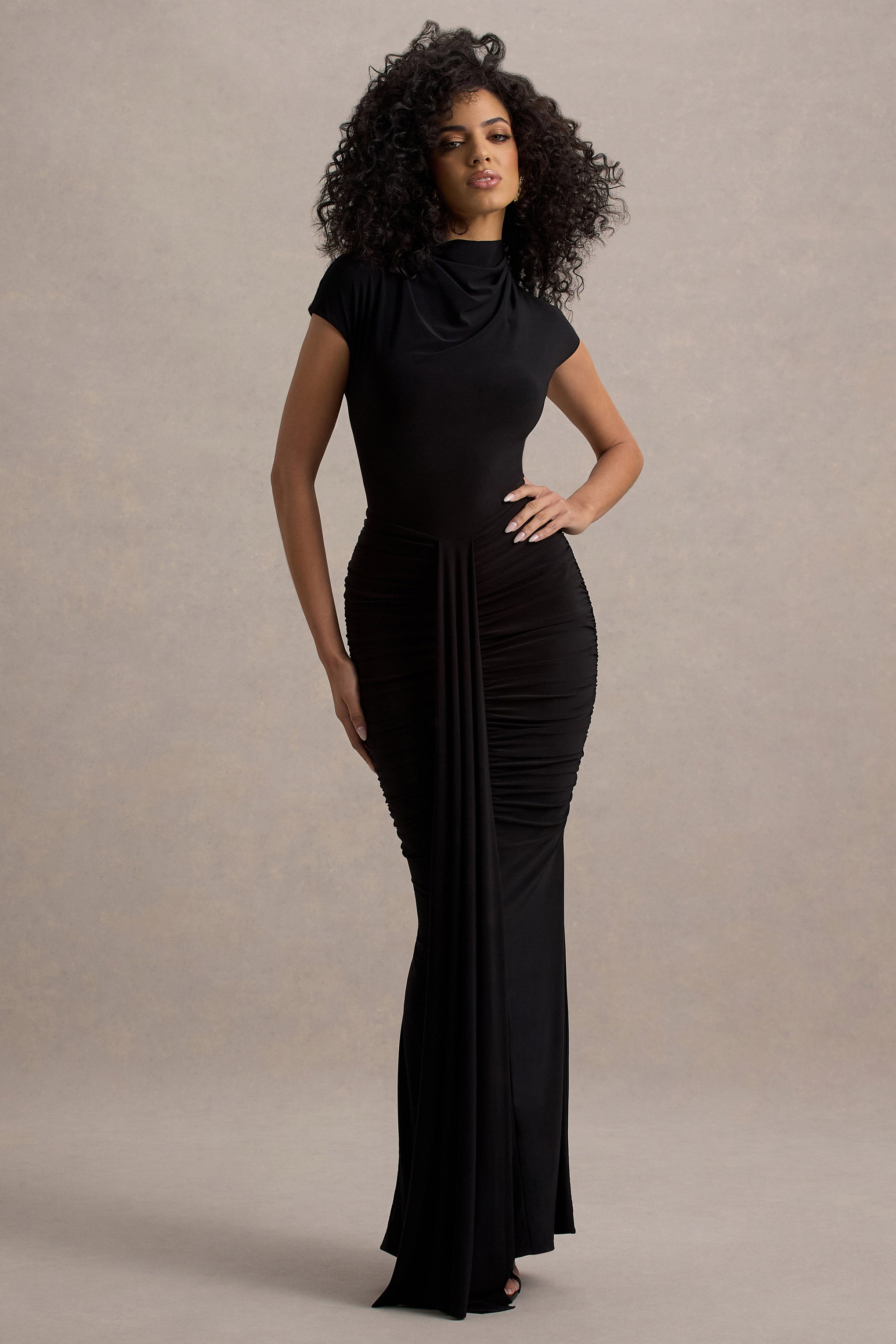 Lorenza | Black High-Neck Ruched Maxi Dress With Draped Skirt