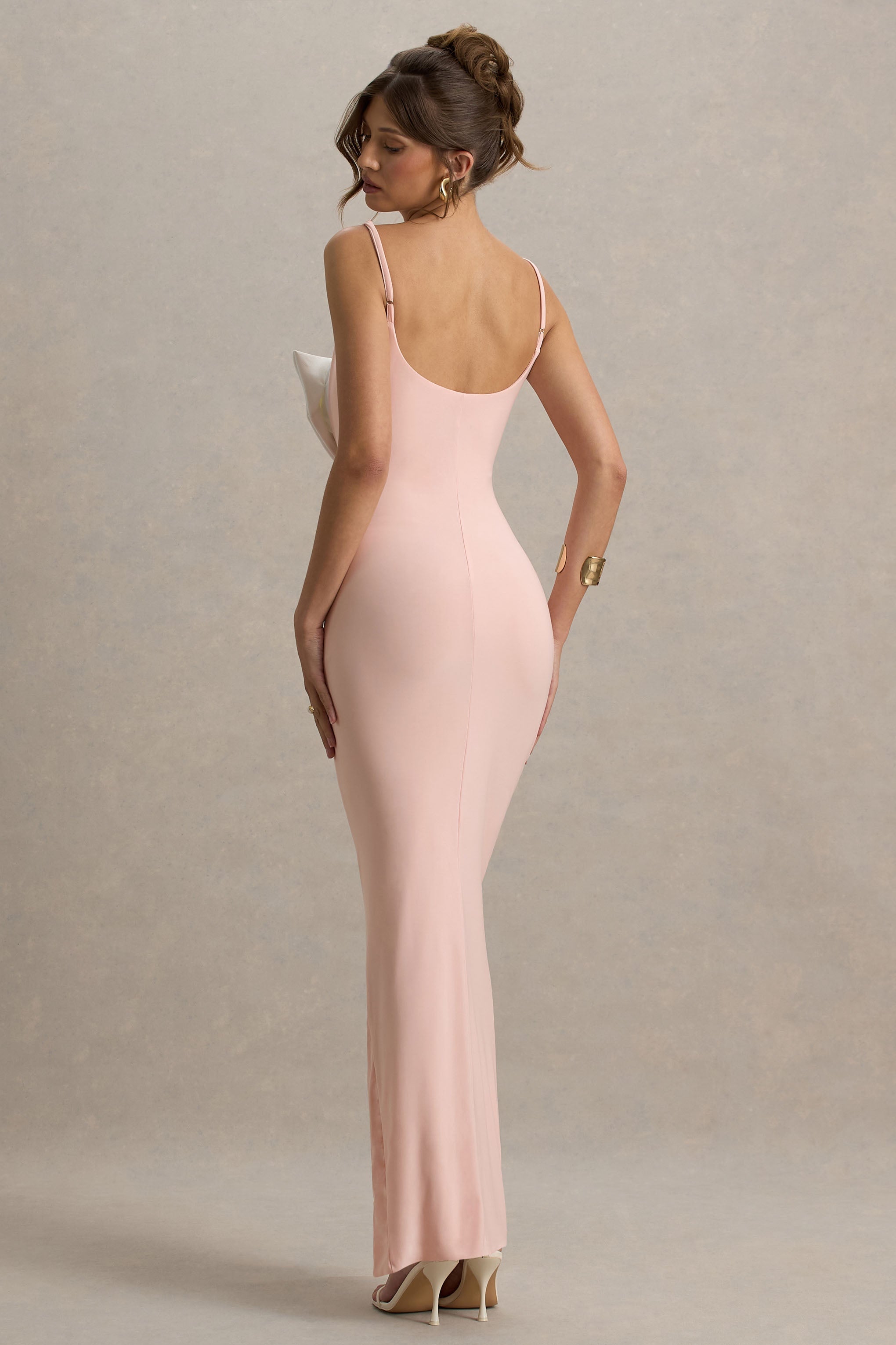 Emmalou | Pink & White Strappy Split Maxi Dress With Bow