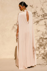 Olessia | Champagne Belted Gathered Cape-Sleeve Maxi Dress
