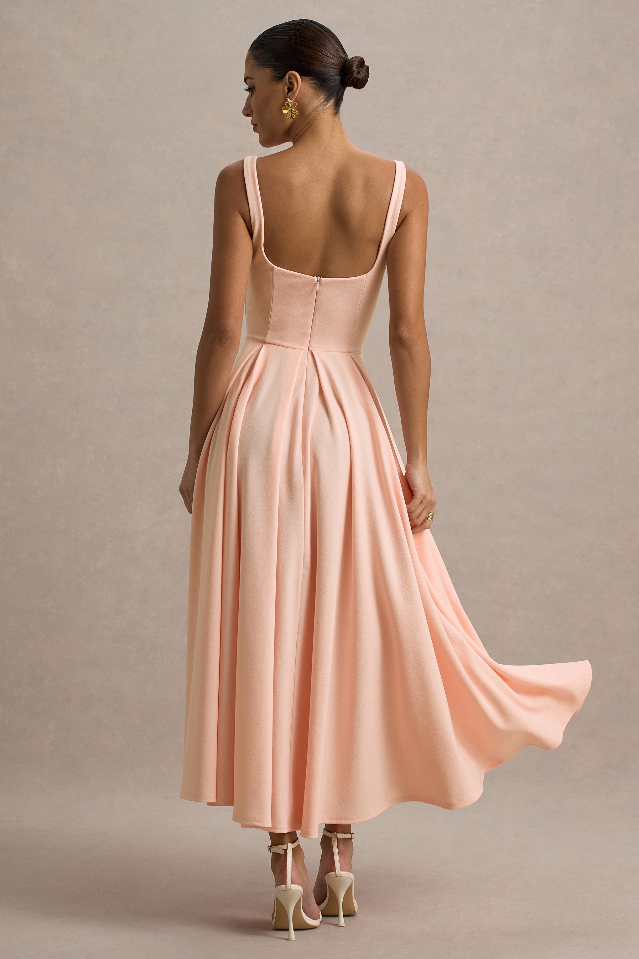 Parina | Pink Strappy Volume-Hem Midi Dress